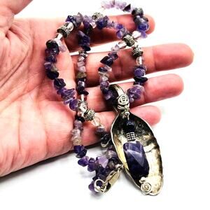 Vintage Handmade Amethyst Chip Clear Quartz Beaded Spoon Pendant Necklace 20"